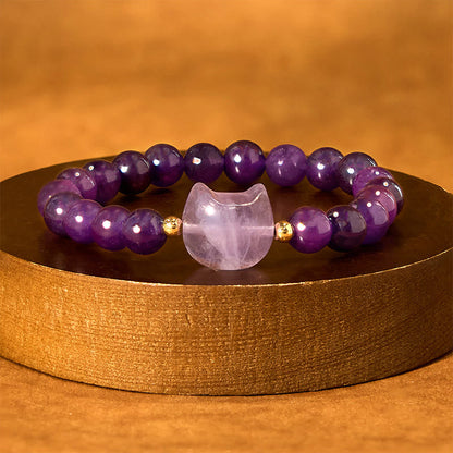 Buddhist Blessing Amethyst Green Aventurine Rose Quartz Fluorite Cat Head Balance Luck Bracelet