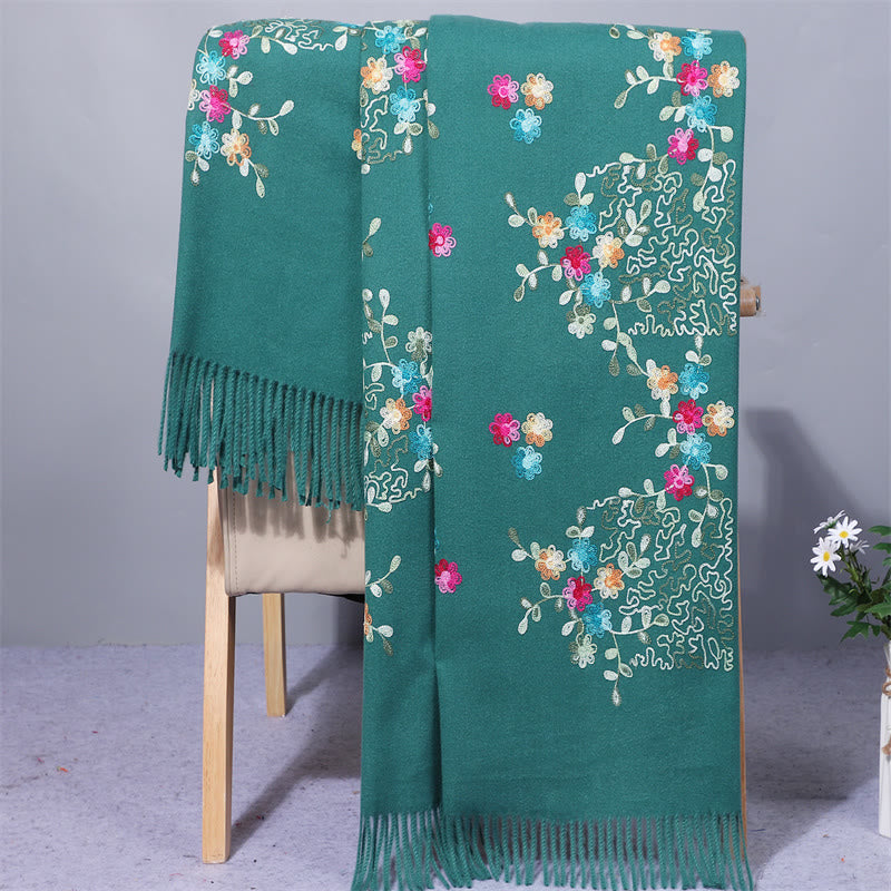 Buddhist Blessing Rayon Fabric Shawl Colorful Small Flowers Embroidery Tassel Winter Cozy Travel Scarf Wrap