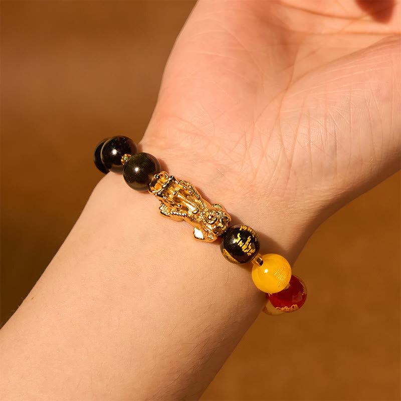 Buddhist Blessing Natural Gold Sheen Obsidian PiXiu Five Directions Gods of Wealth Protection Bracelet