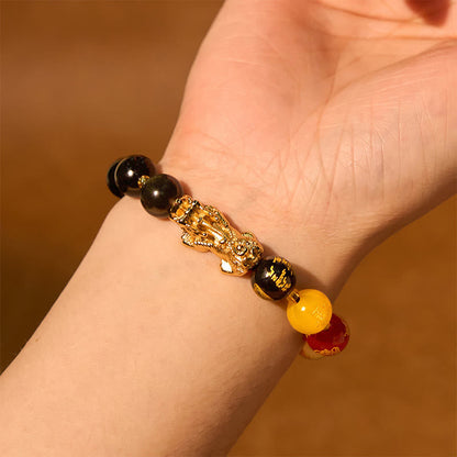 Buddhist Blessing Natural Gold Sheen Obsidian PiXiu Five Directions Gods of Wealth Protection Bracelet