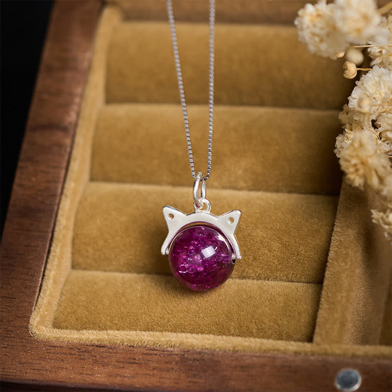 Buddhist Blessing 925 Sterling Silver Natural Deep Purple Fireworks Super Seven Crystal Cat Necklace Pendant