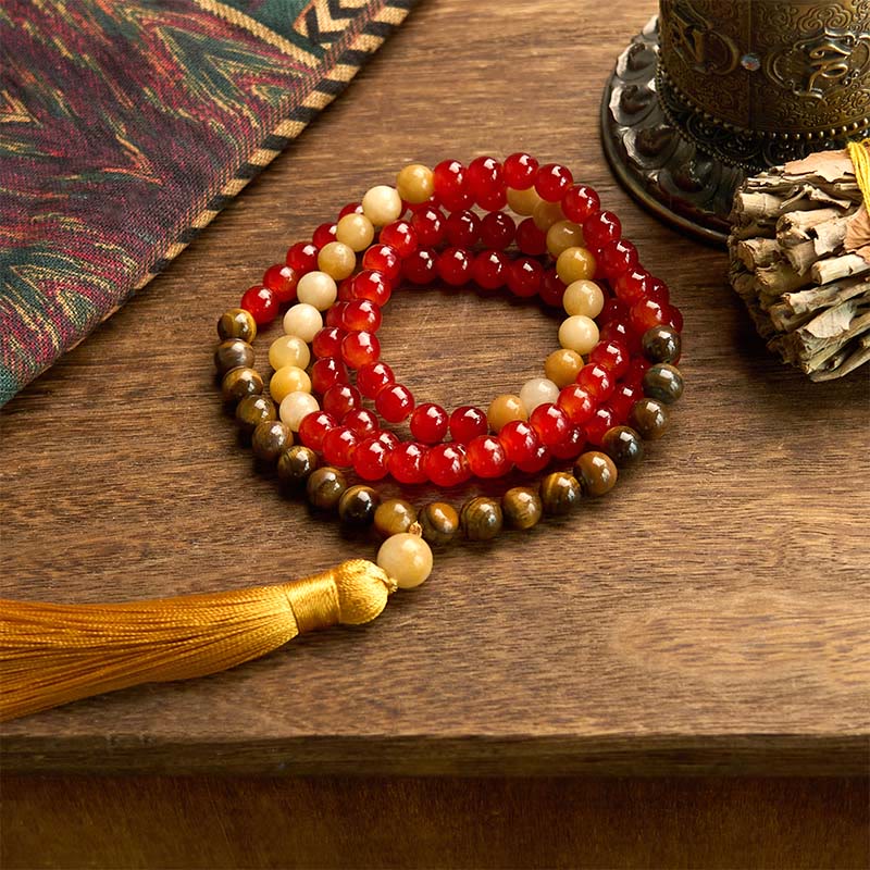 Buddhist Blessing 108 Mala Beads Red Agate Tiger Eye Yellow Tassel Calm Bracelet