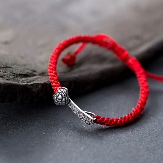 Buddhist Blessing Retro 925 Sterling Silver Ruyi As One Wishes Red String Braided Luck Bracelet