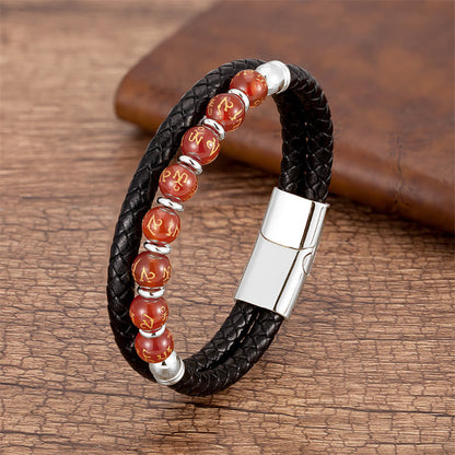Buddhist Blessing Black Onyx Turquoise Tiger Eye Red Agate Om Mani Padme Hum Strength Leather Bracelet