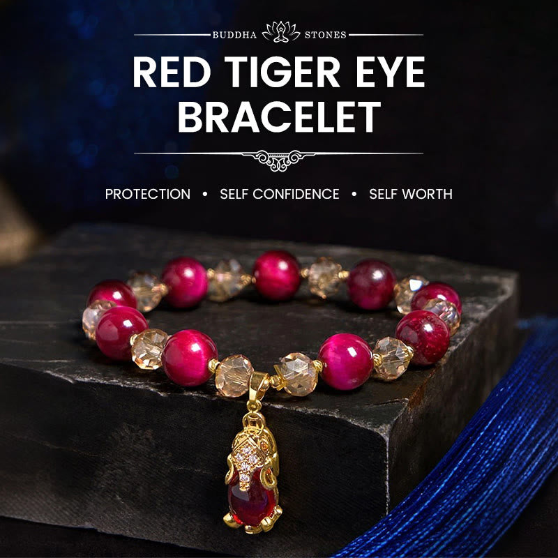 Buddhist Blessing Red Tiger Eye PiXiu Fox Protection Self Confidence Bracelet