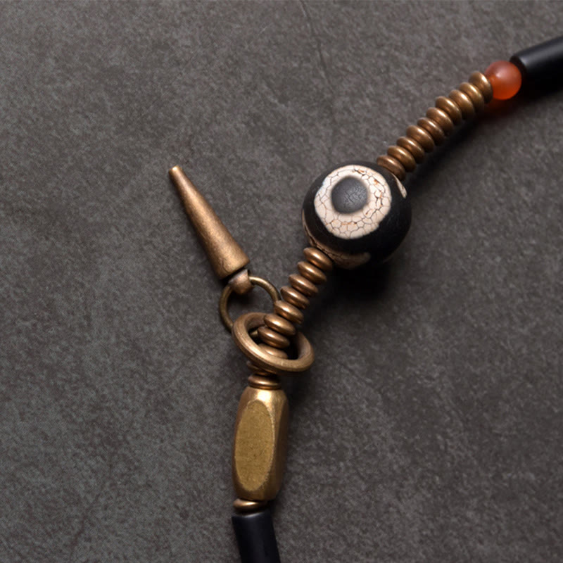 Buddhist Blessing Black Onyx Copper Dzi Bead Cone Pendant Double Wrap Protection Bracelet