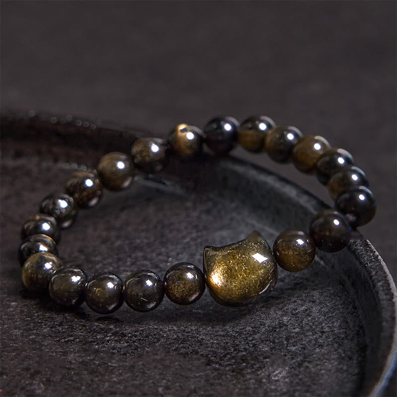 Buddhist Blessing Gold Sheen Obsidian Silver Sheen Obsidian Lovely Paw Lucky Cat Protection Bracelet