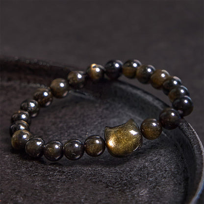 Buddhist Blessing Gold Sheen Obsidian Silver Sheen Obsidian Lovely Paw Lucky Cat Protection Bracelet