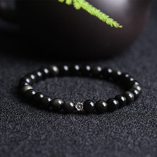 Buddhist Blessing Black Obsidian Bead 925 Sterling Silver Flower Design Purification Bracelet