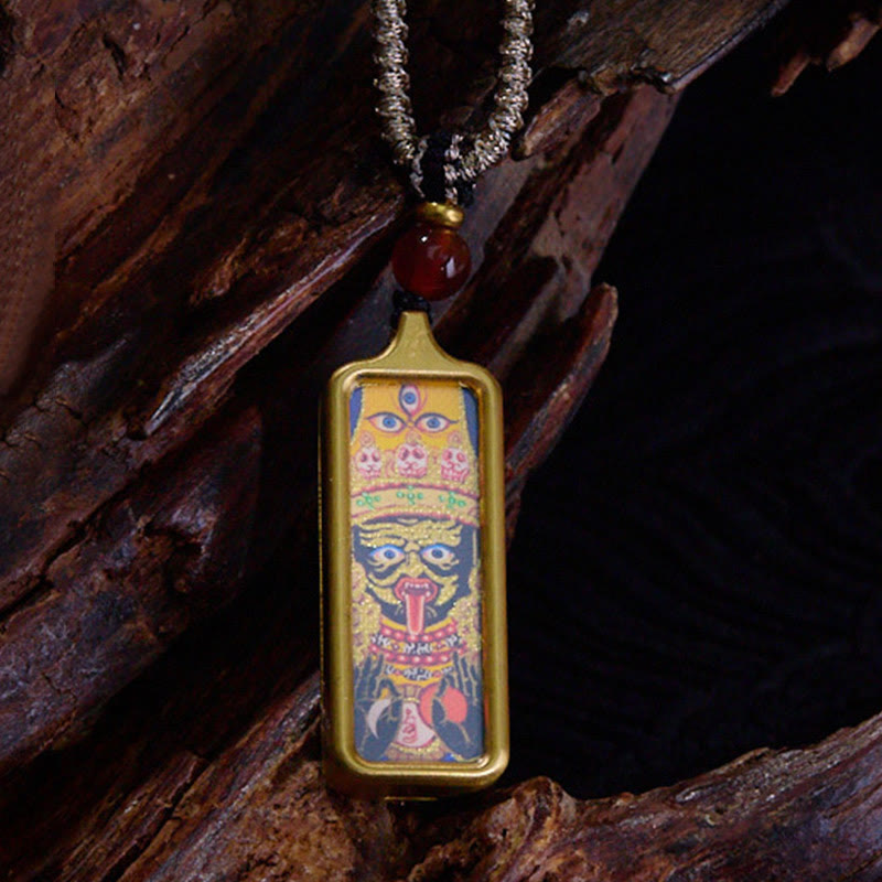 Buddhist Blessing Tibet Zakiram Yellow God of Wealth Nine Tailed Fox Hand-Painted Thangka Calm Necklace Pendant