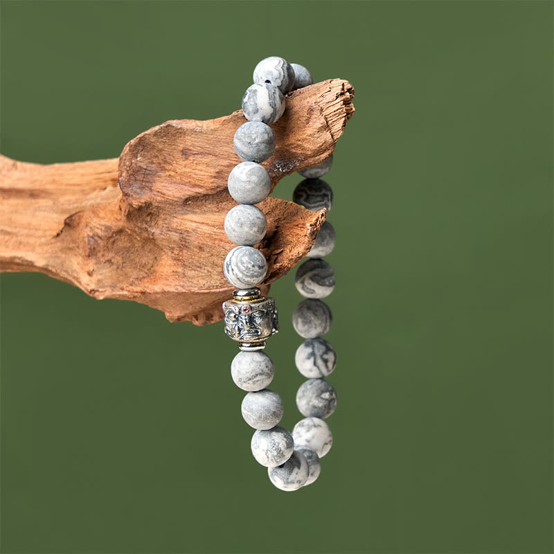 Buddhist Blessing Natural Frosted Grey Jasper Buddha Face Healing Protection Bracelet