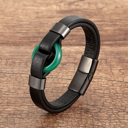 Buddhist Blessing Round Green Aventurine Black Onyx Hematite Agate Rose Quartz Stone Balance Leather Magnetic Buckle Bracelet