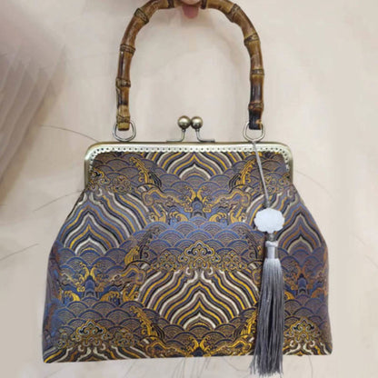 Buddhist Blessing Silver Lines Bamboo Handle Metal Chain Crossbody Bag Handbags