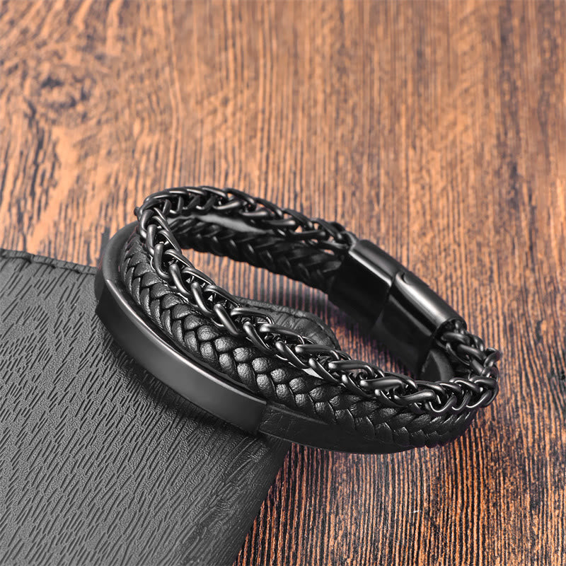 Buddhist Blessing Woven Pattern Titanium Steel Stimulation Multi-layer Leather Buckle Bracelet