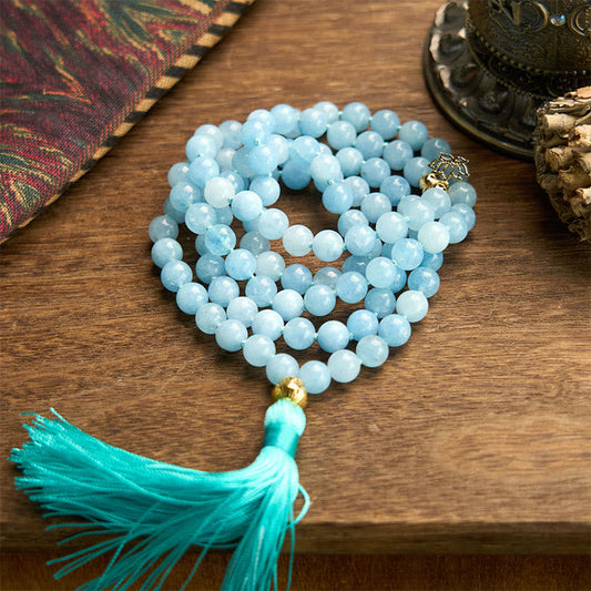Buddhist Blessing 108 Mala Beads Natural Stone Aquamarine Tassel Lotus Healing Bracelet