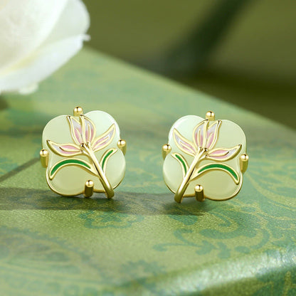 Buddhist Blessing 925 Sterling Silver Magnolia Butterfly Hetian Jade Four Leaf Clover Blessing Earrings Necklace Pendant