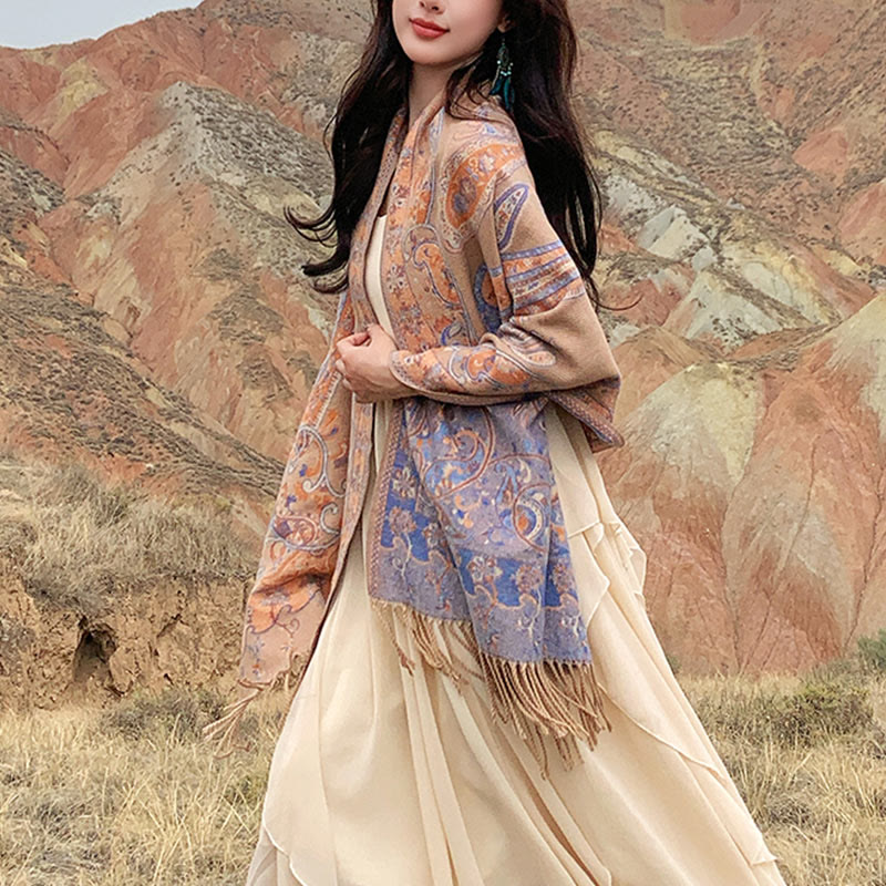 Buddhist Blessing Tibetan Cashew Flower Tassel Shawl Fall Winter Cozy Travel Scarf Wrap