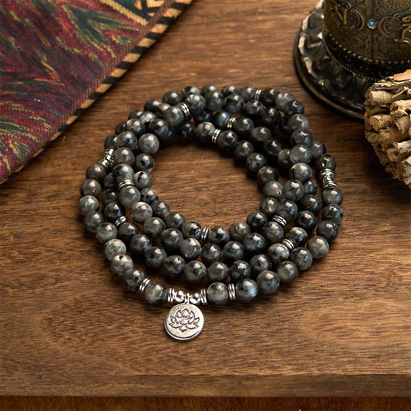 Buddhist Blessing 108 Mala Beads Multi-layer Natural Black Glitter Stone Lotus Positivity Bracelet