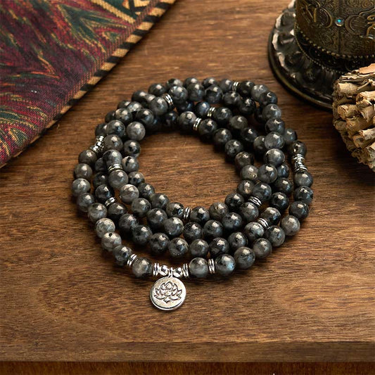 Buddhist Blessing 108 Mala Beads Multi-layer Natural Black Glitter Stone Lotus Positivity Bracelet