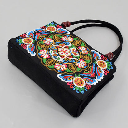 Buddhist Blessing Galsang Inula Flower Peony Peacock Double-Sided Embroidery Canvas Shopping Purse Handbag