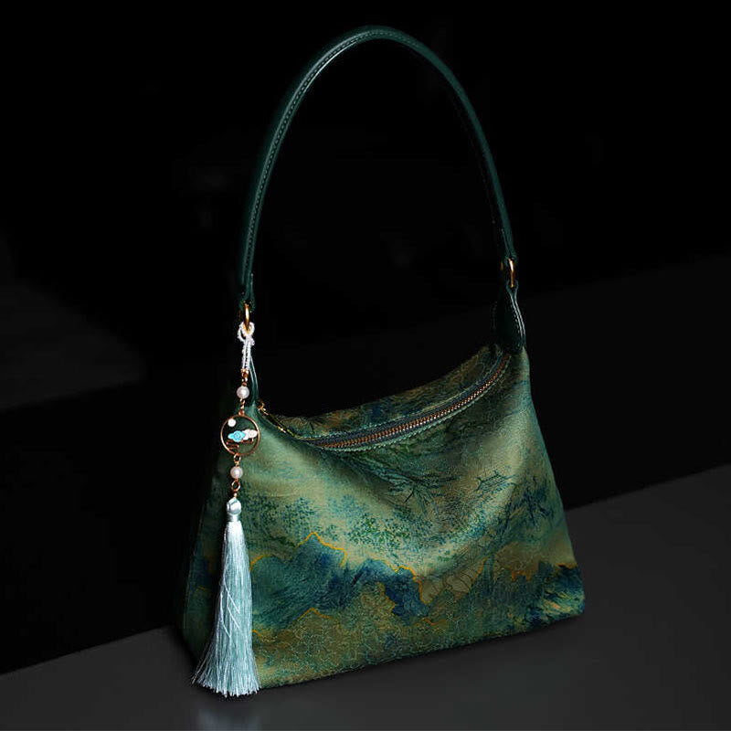 Buddhist Blessing Lotus Bamboo Crane Deer Butterfly Mountain Xiangyunsha Silk Song Brocade Crossbody Bag Shoulder Bag