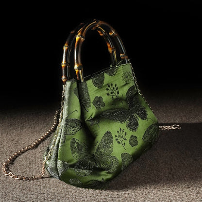 Buddhist Blessing Jacquard Flowers Butterfly Bamboo Handle Metal Chain Crossbody Bag Hangbags