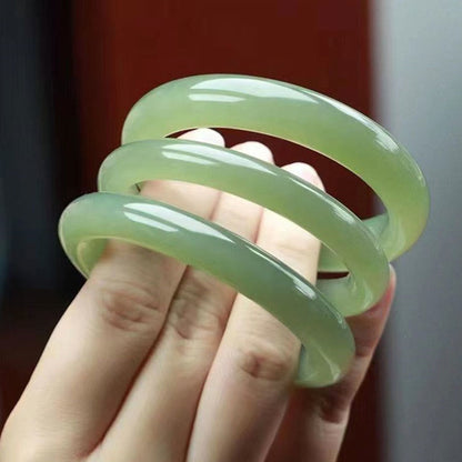 Buddhist Blessing Natural White Green Jade Luck Prosperity Bracelet Bangle