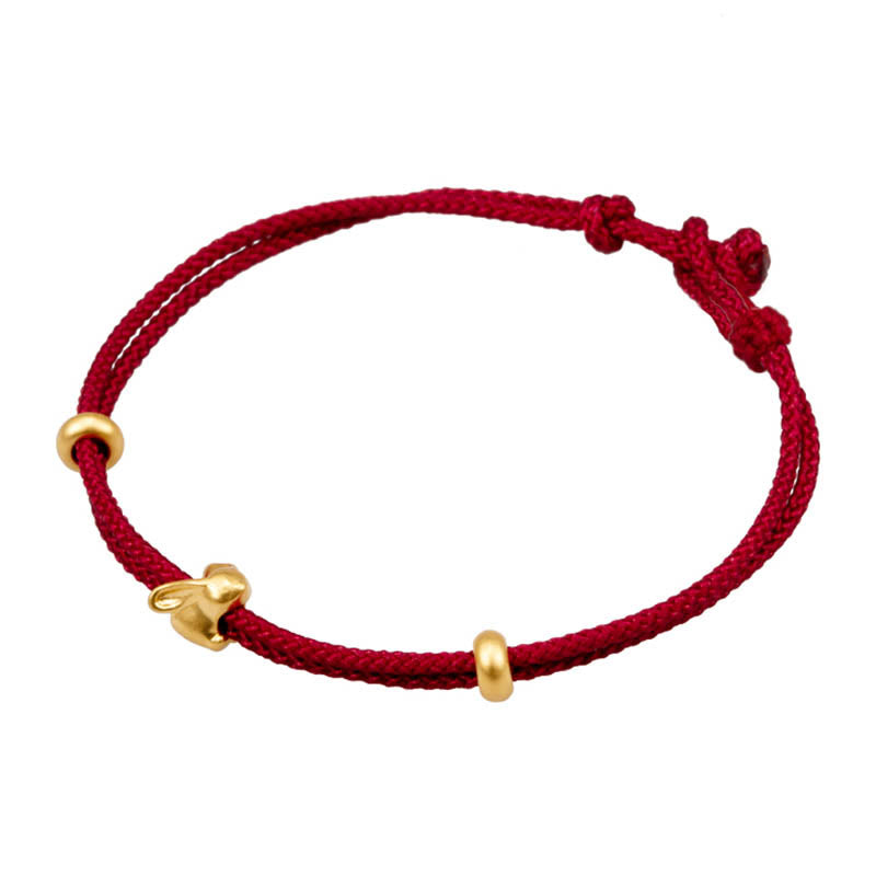 Buddhist Blessing 999 Gold Small Lucky Rabbit Osmanthus Design Handmade Luck Braided Rope Bracelet