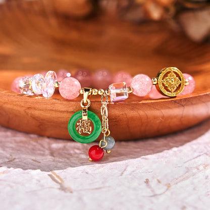 Buddhist Blessing Strawberry Quartz Jade Fu Character Charm Healing Bracelet