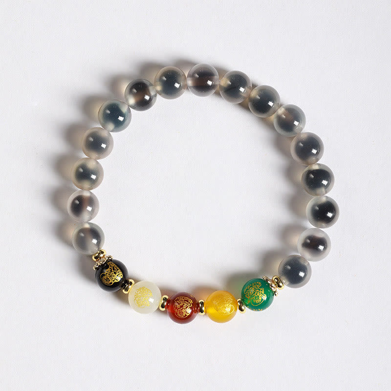 Buddhist Blessing Natural Colorful Candy Agate Five Gods Of Wealth Harmony Bracelet