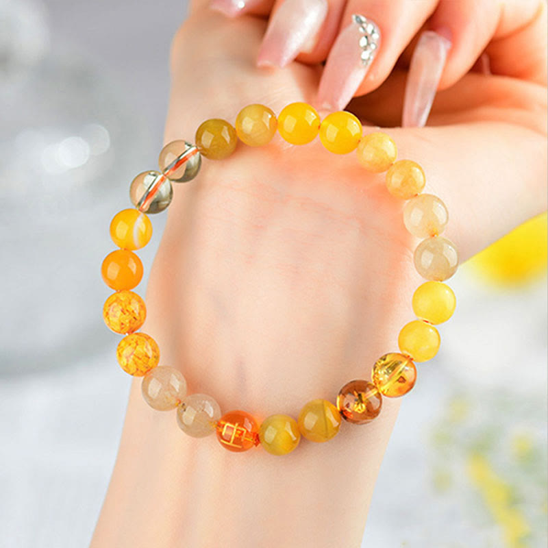 Buddhist Blessing Five Elements Various Agate Crystal Rutilated Quartz Tiger Eye Yellow Agate Citrine Luck Bracelet