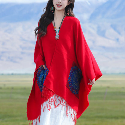 Buddhist Blessing Tibetan Geometric Round Mandala Pattern Tassels Shawl Fall Winter Cozy Scarf Wrap With Pockets