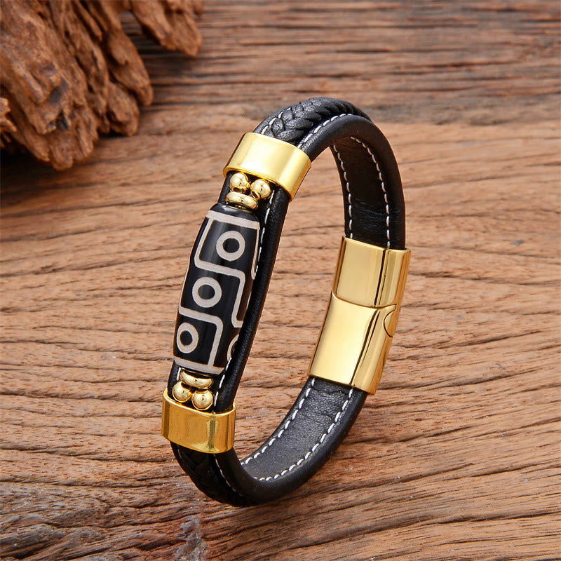 Buddhist Blessing Tibetan Nine-Eye Dzi Bead Wealth Leather Buckle Bracelet