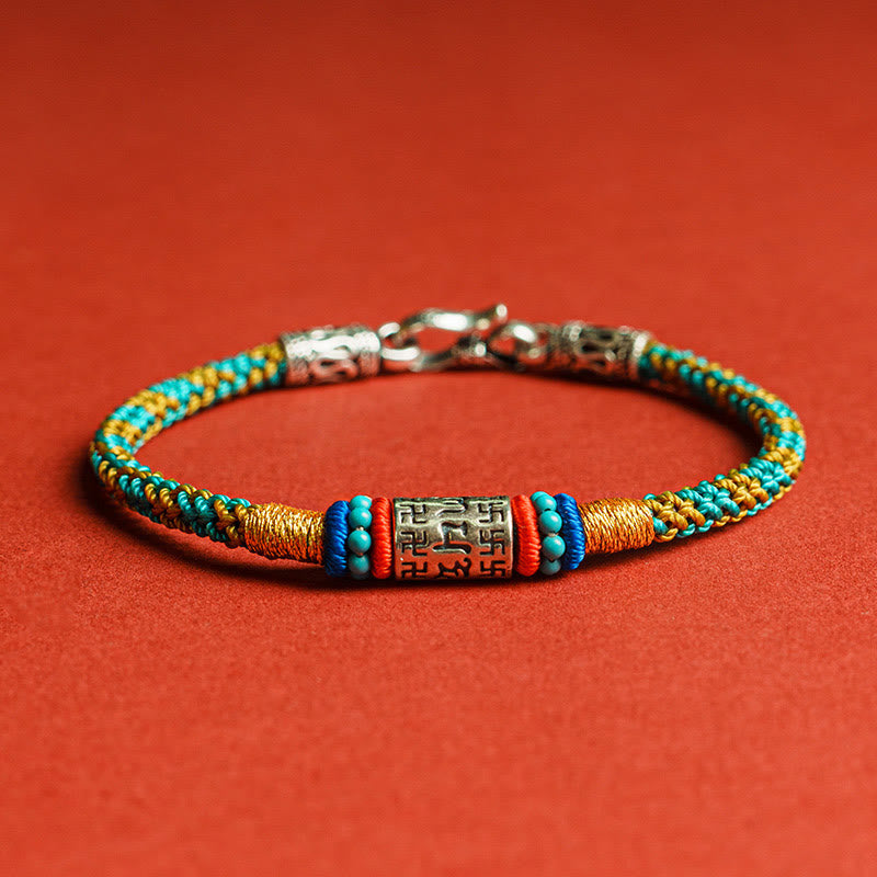 Buddhist Blessing Colorful String Six True Words 925 Silver Focus Bracelet