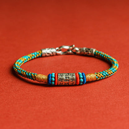Buddhist Blessing Colorful String Six True Words 925 Silver Focus Bracelet