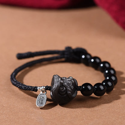 Buddhist Blessing Black Obsidian Silver Sheen Obsidian Cute Cat Dancing Lion Strength Bracelet