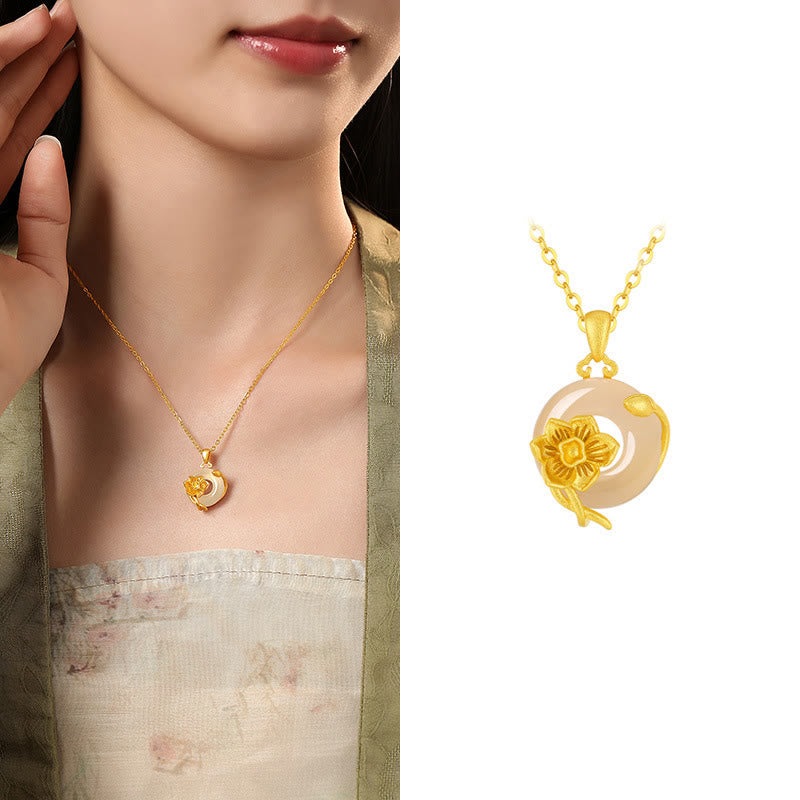 Buddhist Blessing Chalcedony 925 Sterling Silver Peace Buckle Flowers Necklace Pendant