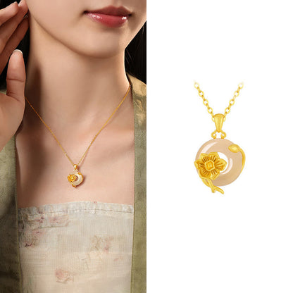 Buddhist Blessing Chalcedony 925 Sterling Silver Peace Buckle Flowers Necklace Pendant