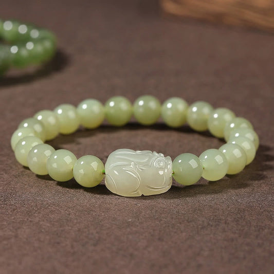 Buddhist Blessing Natural Hetian Jade PiXiu Carved Luck Bracelet