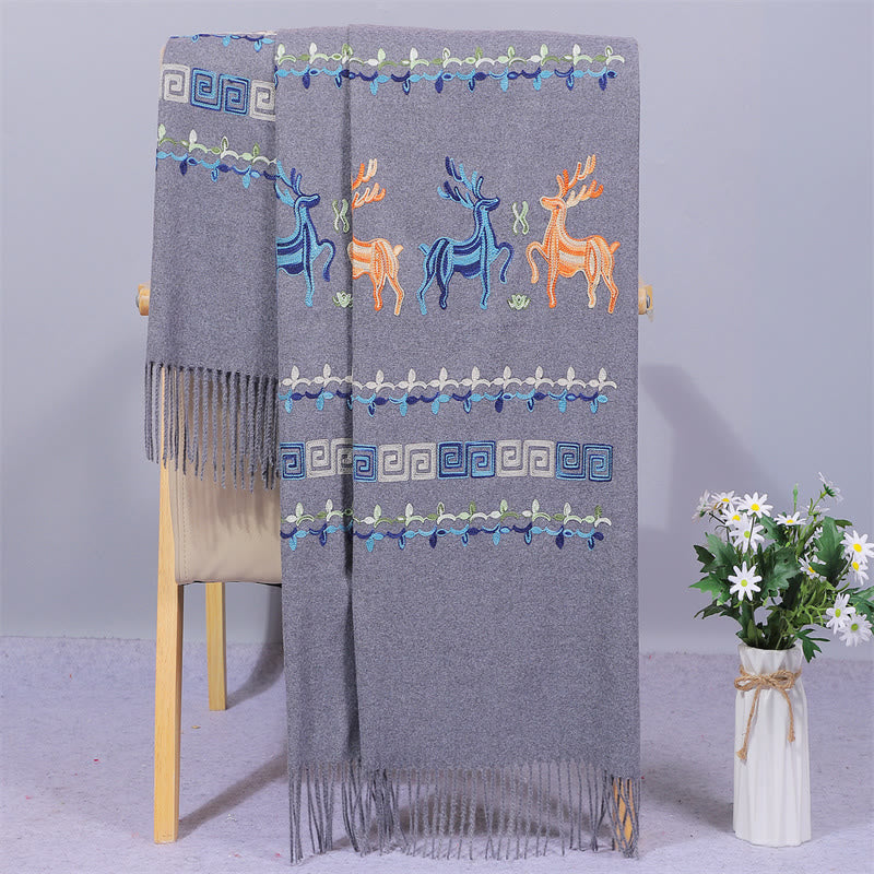 Buddhist Blessing Rayon Fabric Shawl Sika Deer Embroidery Tassel Winter Cozy Travel Scarf Wrap