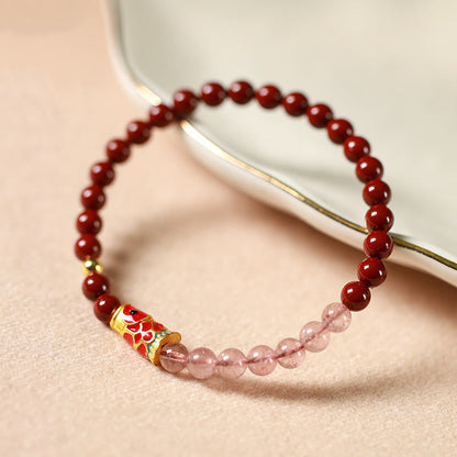 Buddhist Blessing Natural Cinnabar Pink Crystal Strawberry Quartz Lucky Koi Fish Blessing Bracelet