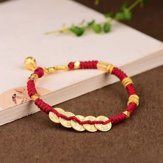 Buddhist Blessing Handmade Five Emperor Coins Wealth String Braided Bracelet
