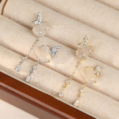 Buddhist Blessing Hetian Jade Magnolia Chalcedony 925 Sterling Silver Butterfly Gourd Luck Earrings