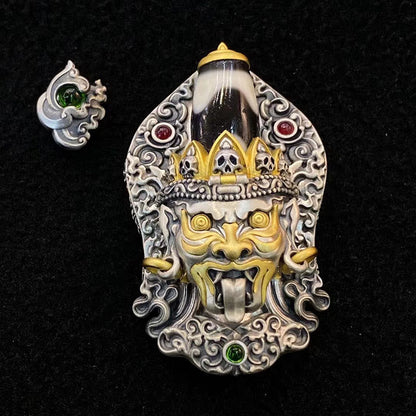 Buddhist Blessing 925 Sterling Silver Tibetan Zakiram Goddess of Wealth Dzi Bead Protection Necklace Pendant