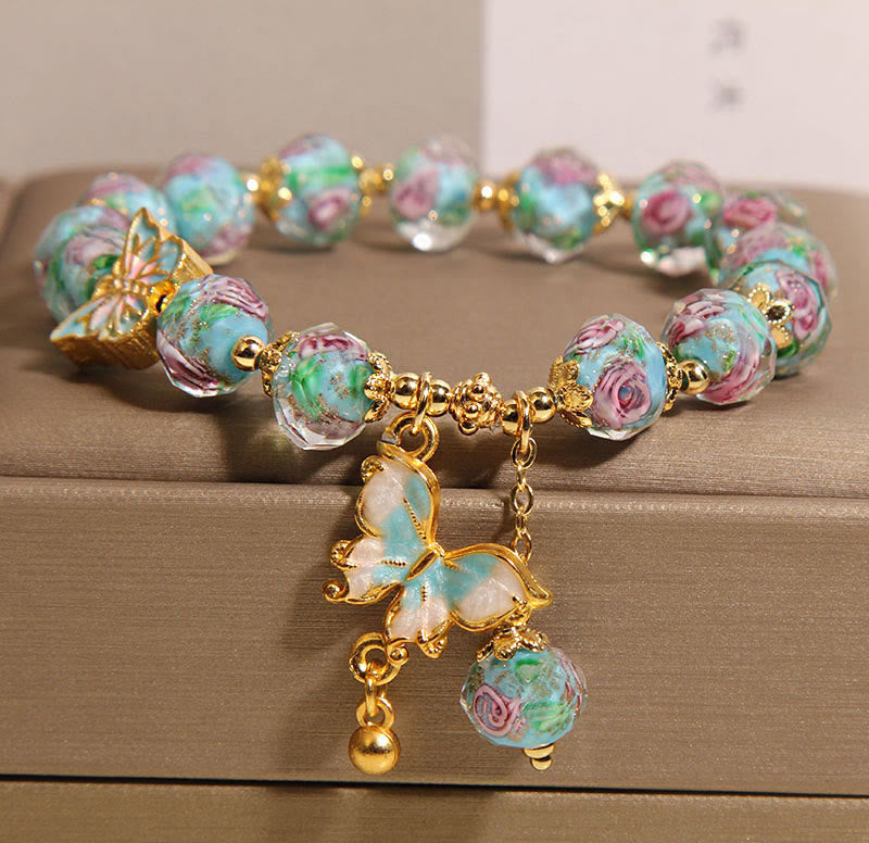 Buddhist Blessing Butterfly Charm Rose Flower Liuli Bracelet