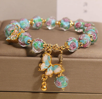 Buddhist Blessing Butterfly Charm Rose Flower Liuli Bracelet