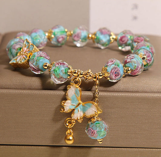 Buddhist Blessing Butterfly Charm Rose Flower Liuli Bracelet