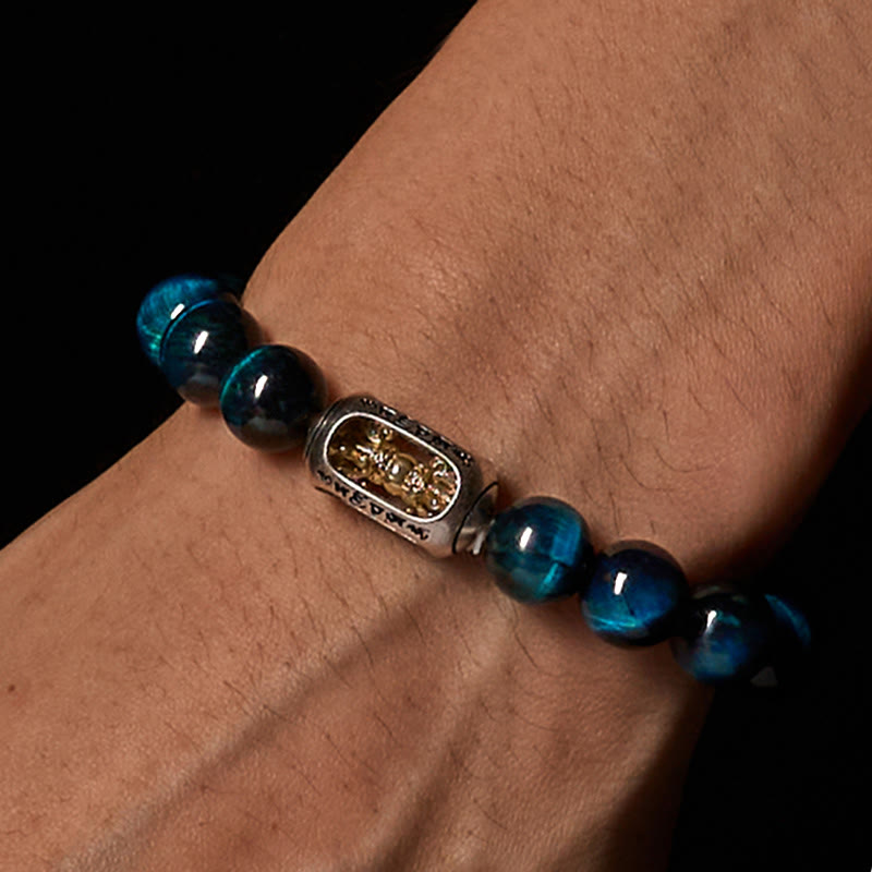 Buddhist Blessing Natural Blue Tiger Eye Om Mani Padme Hum Strength Bracelet