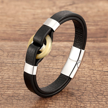 Buddhist Blessing Round Green Aventurine Black Onyx Hematite Agate Rose Quartz Stone Balance Leather Magnetic Buckle Bracelet