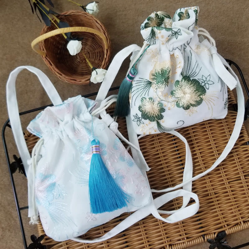 Buddhist Blessing Embroidered Flowers Cherry Blossoms Vine Canvas Crossbody Bag Shoulder Bag